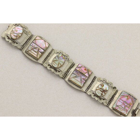 Sterling Silver Abalone Carved Face Bracelet 6 3/4" inch - Picture 1 of 7